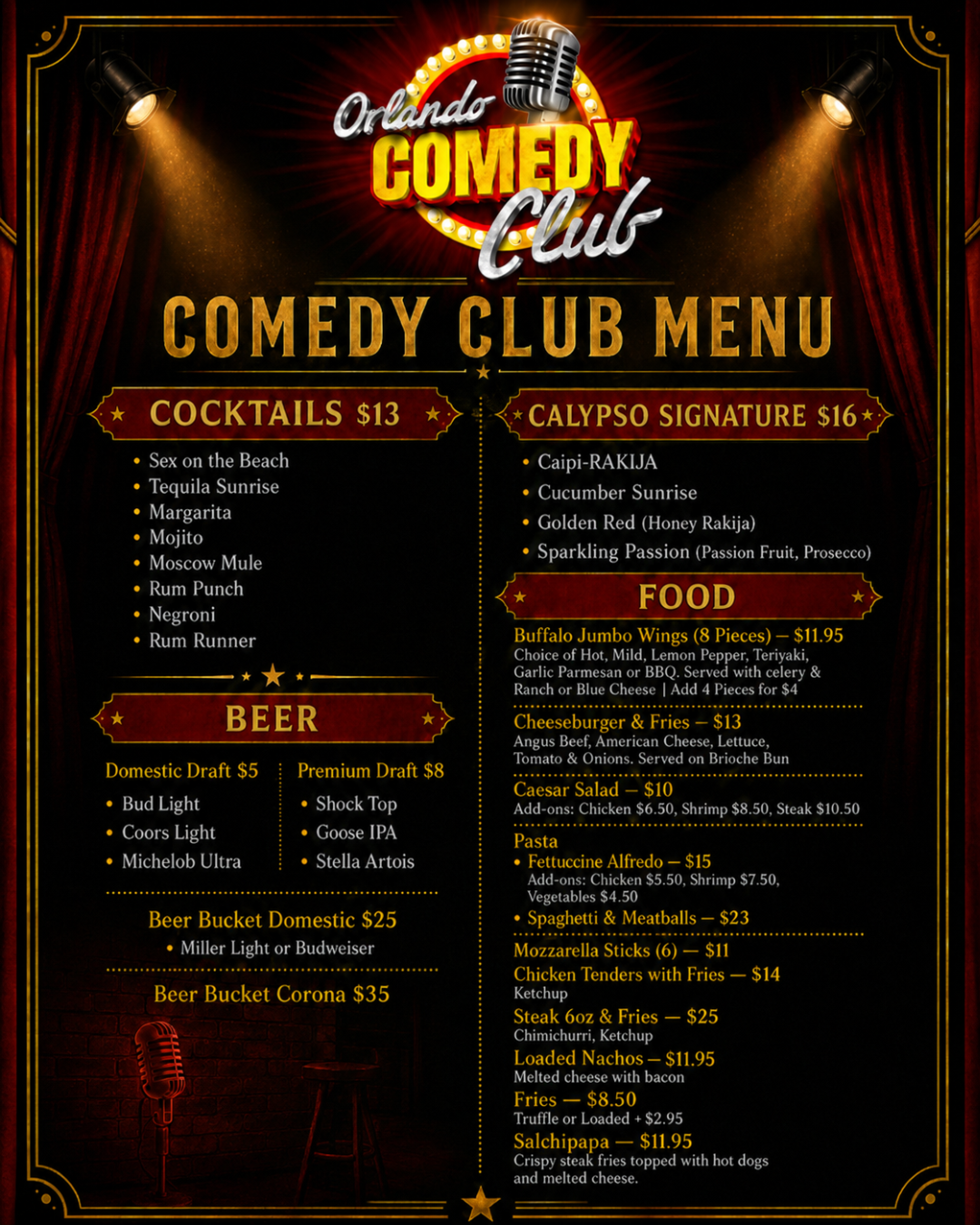 Orlando Comedy Club food and drink menu