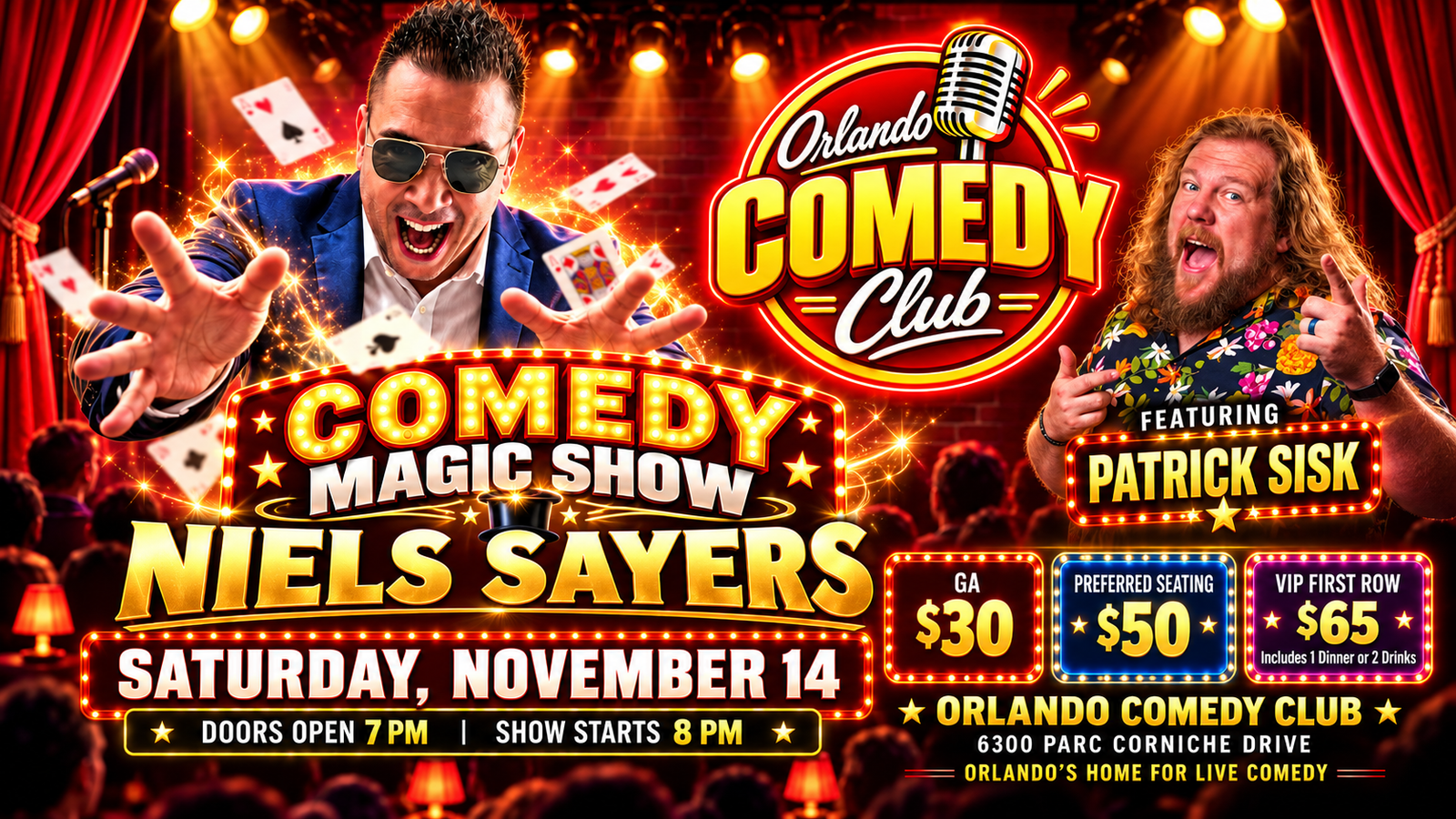 Comedy Magic Show with Niels Sayers featuring Patrick Sisk at Orlando Comedy Club November 14